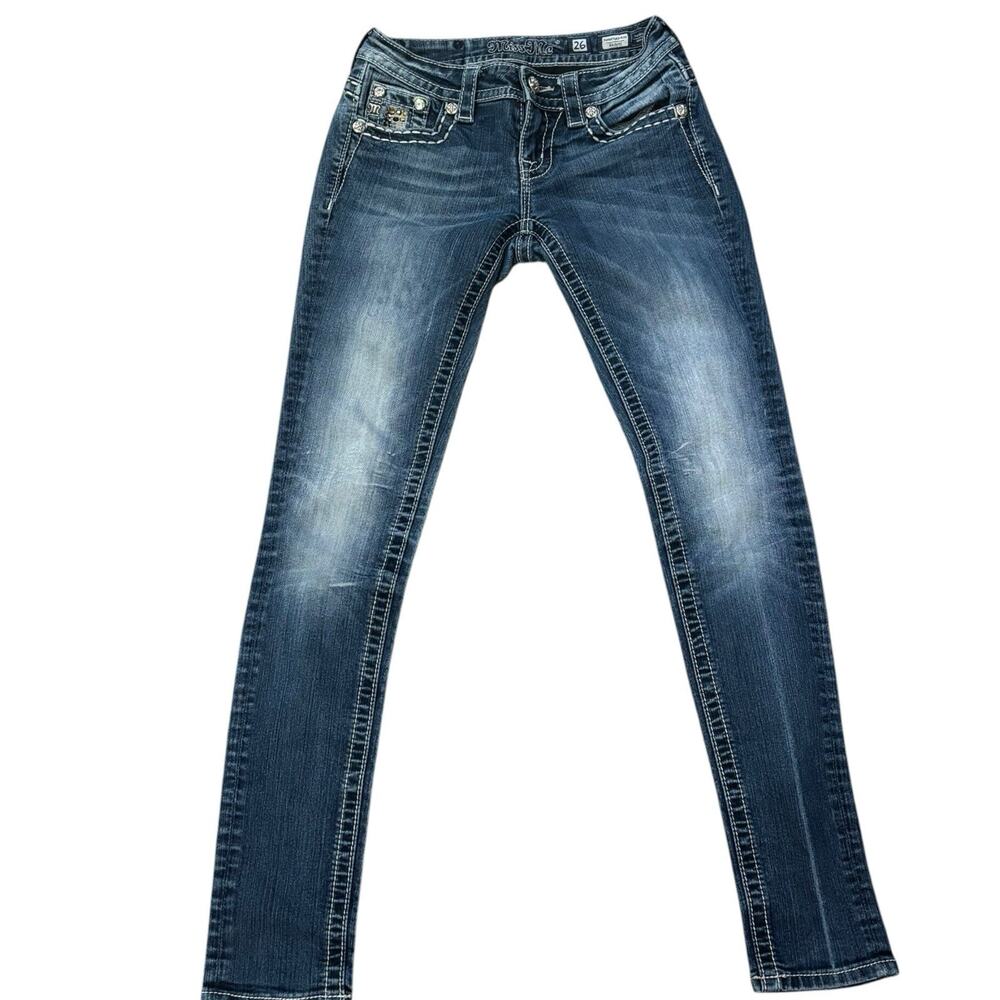 Miss Me Skinny Jeans 26 Jewel Studded Flap Pocket Low Rise Dark Wash 27x32